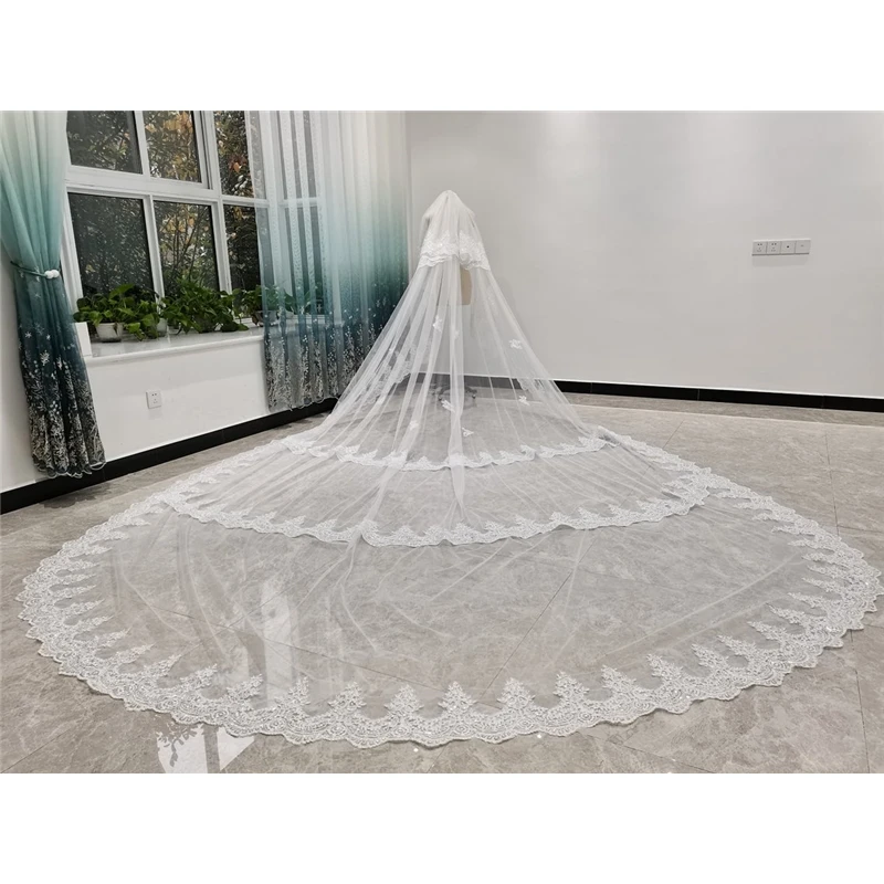 5m Cathedral Ivory Lace Bridal Wedding Veils With Comb 2 T White Long Appliques Two Layer Accessories for Brides 5 Metres Luxury