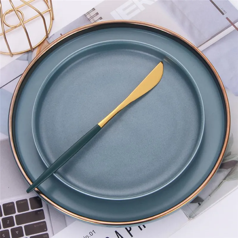 Home Tableware Green Gold Dinner Set Stainless Steel Cutlery Set Dinnerware Set Kitchen Spoon Knife Fork Eco Friendly Flatware