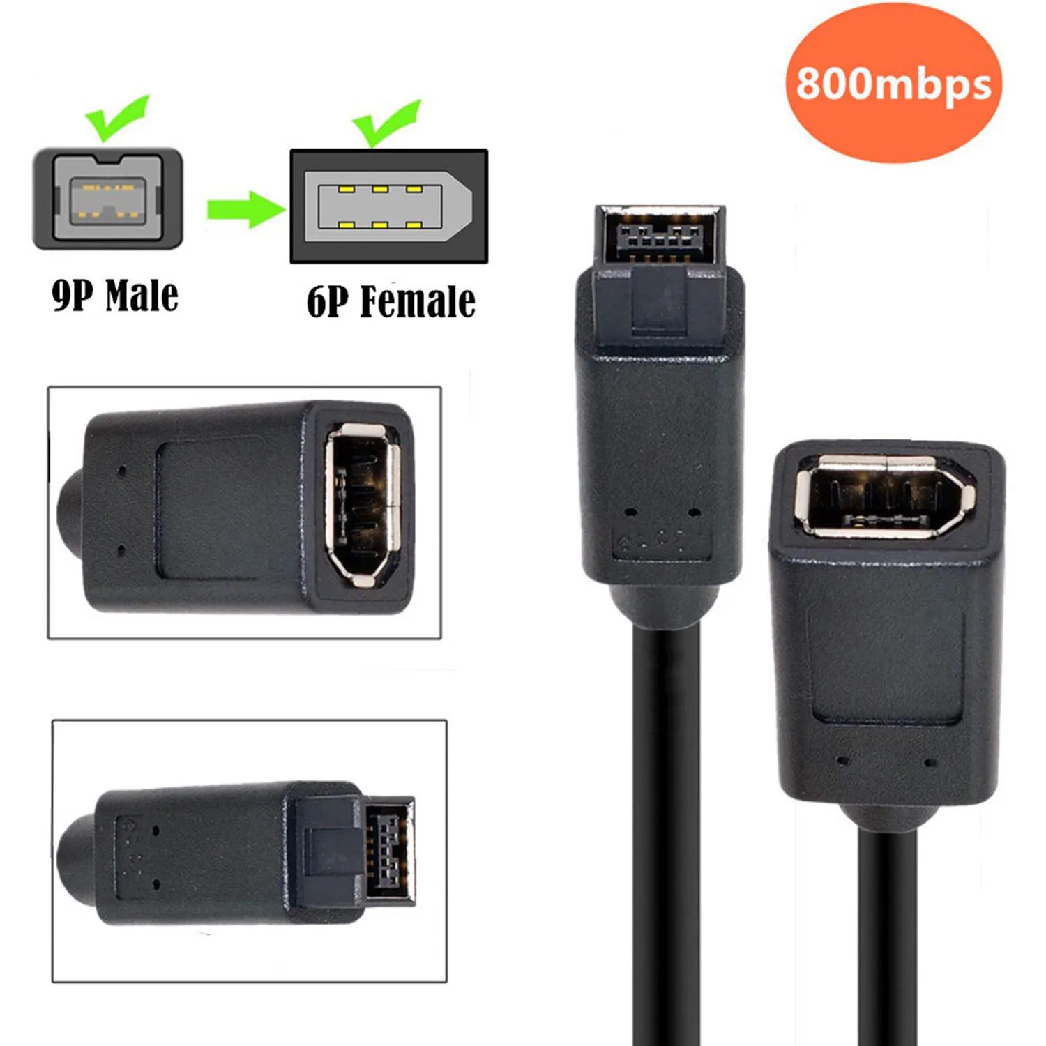 1pcs IEEE Cable 1394 6 Pin Female to 1394b 9 Pin Male Firewire 400 to 800 Adapter Cord 20cm