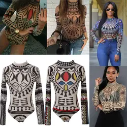 2020 New Sexy Women Tattoo Tribal Print Stretchy Bodysuit See-Through Mesh Sheer Long Sleeve Top Lady Clubwear O Neck Bodycon