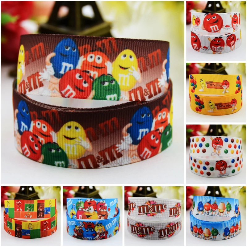 22mm 25mm 38mm 75mm Ruban satin M&M\'s bean Cartoon Printed Grosgrain Ribbon sewing supplies hair accessories X-00902 10 Yards