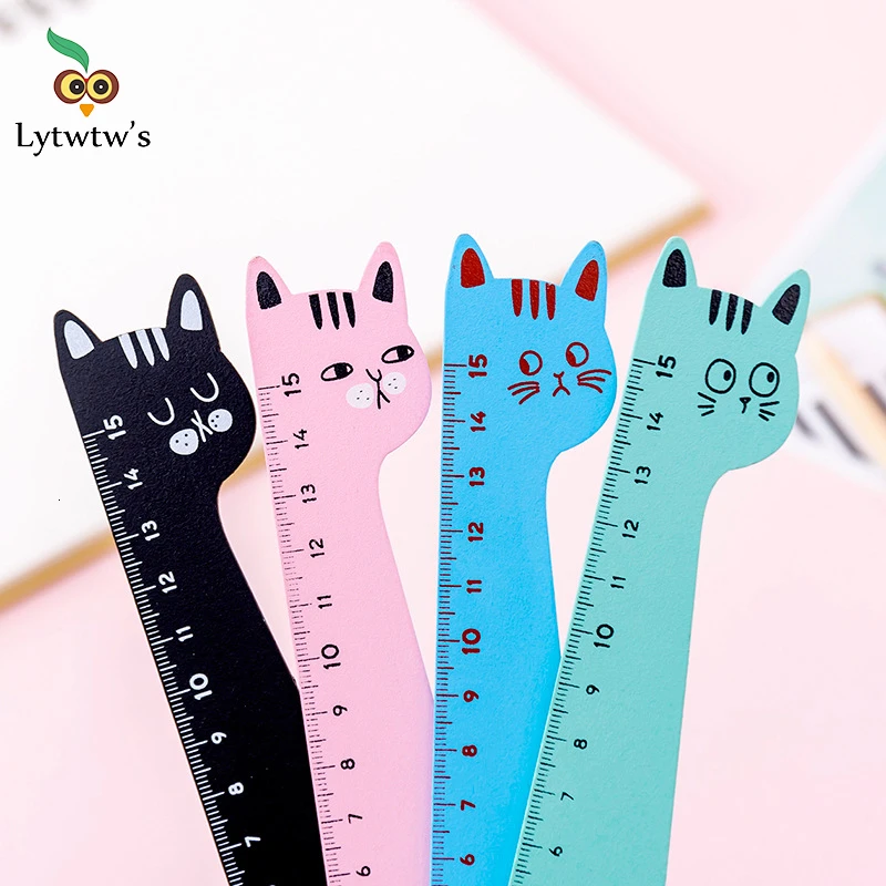 4 Piece Lytwtw\'s Cat Candy Color Kawaii Stationery Cartoon Drawing Gift Korean Office School Kitten Straight Wooden Ruler