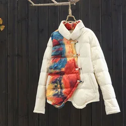 Women Down Jacket Ladies Down Coat Disc Button Printing Thickness Short Burst Down Jacket Retro Duck Down Stand Collar Jacket