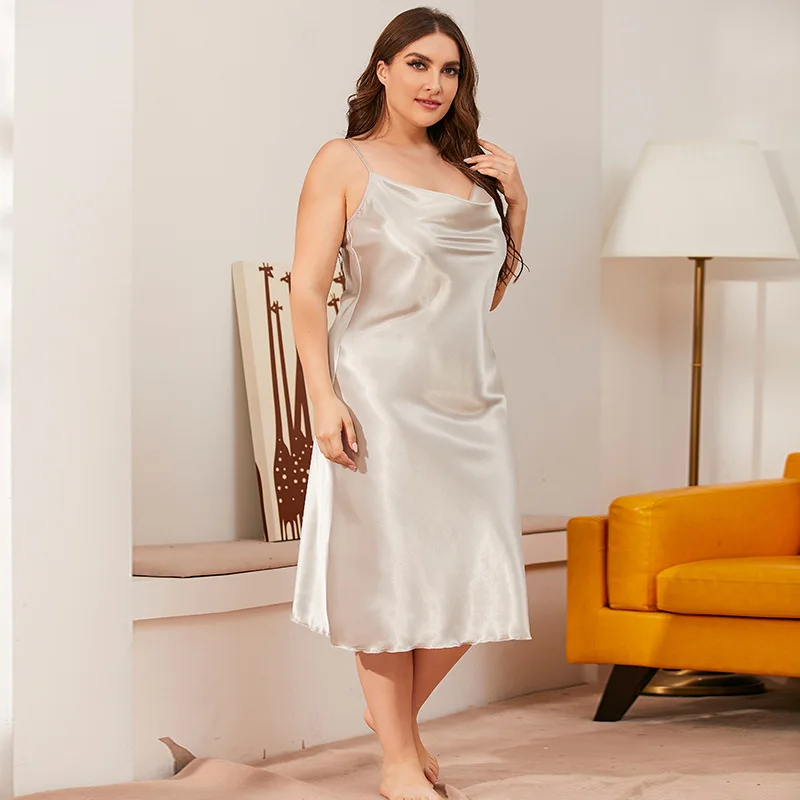 Light Gray Satin Spaghetti Strap Nightgown Plus Size Women Sleep Dress Silky Intimate Lingerie Soft Sleepwear Nightwear Homewear