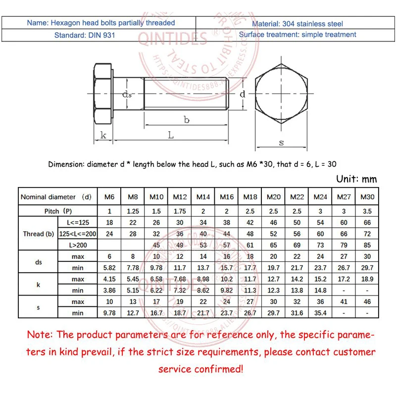 Болты QINTIDES M6 M8 M10 с шестигранной головкой, болт с частичной резьбой из нержавеющей стали 304, болт с полурезьбой с шестигранной головкой