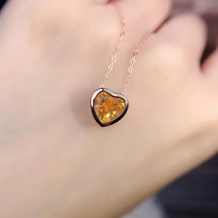 Fine Jewelry 925 Sterling Silver Inlay With Gemstone Women Popular Vintage Heart Simple Citrine Pendant Necklace Support Detecti