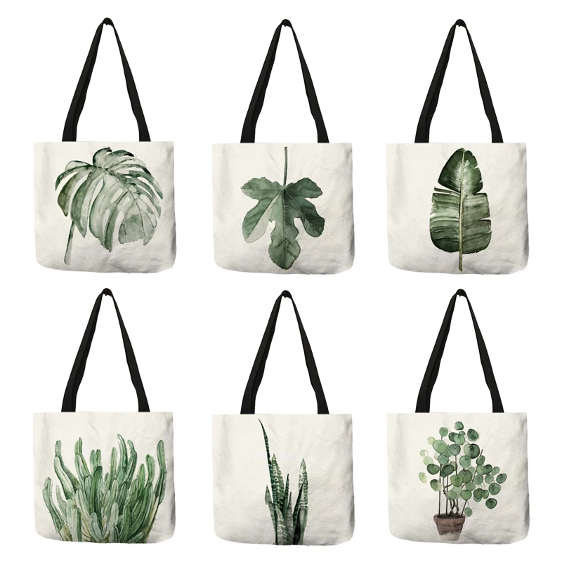 Watercolor Pteridophyte Print Reusable Shopping Bag Banana Tree Tote Bag For Women Fabric Handbags Traveling Beach Bags