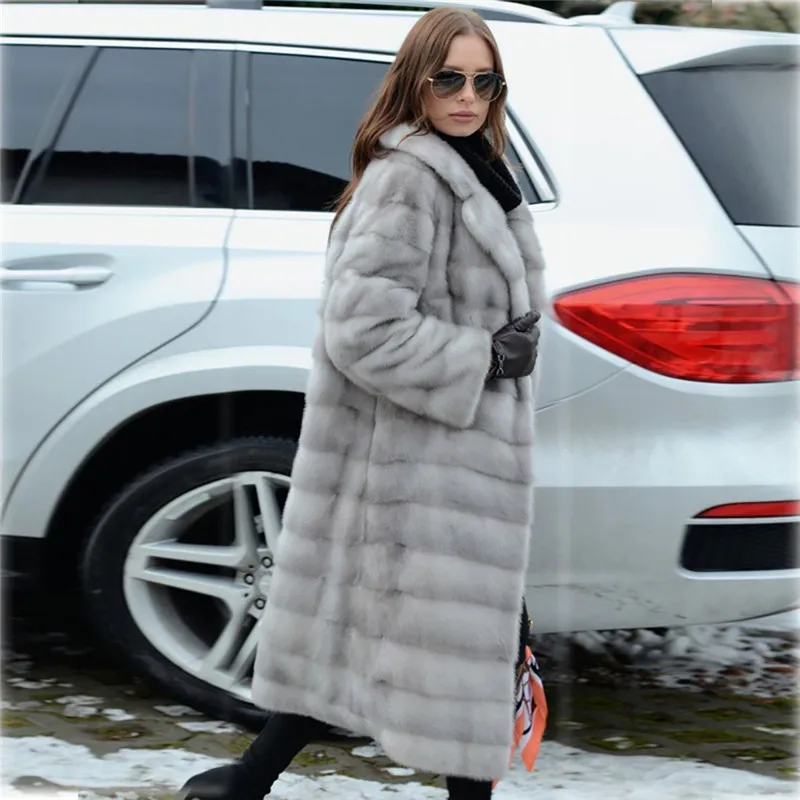 BFFUR Winter Long Real Fur Coat Fashion Outwear Luxury Women Full Pelt Genuine Mink Fur Coats With Turn-down Collar Overcoats