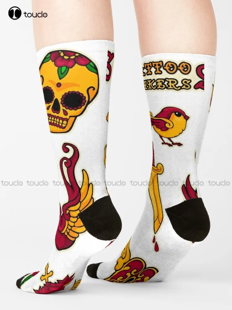 Old School Tattoo Stikers Set In Red And Yellow Socks White Soccer Socks Christmas Gift Unisex Adult Teen Youth Socks Custom