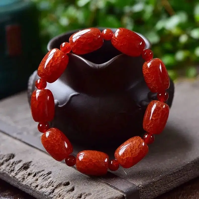 

Natural Dragon Pattern Agate Passepartout Bracelet Ice Cracked Bucket Bead Lucky Transit Bracelet Jewelry
