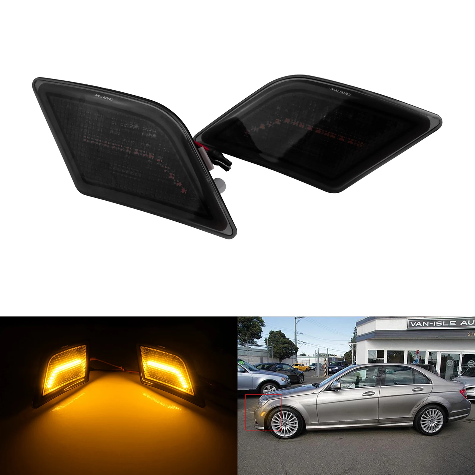 ANGRONG-Luz LED frontal ámbar para coche, marcador lateral con lente negra, para Mercedes W204 Clase C C230 C350, 2 unidades