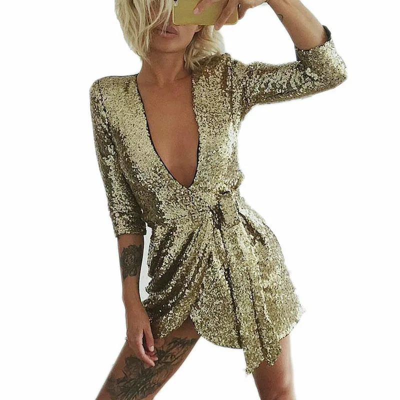 REDCHILLI 2021 Fashion Sequin Dress Women Solid Wrap Mini Dresses Deep V Neck Half Sleeve Sexy Dress Vestidos Gold And Black