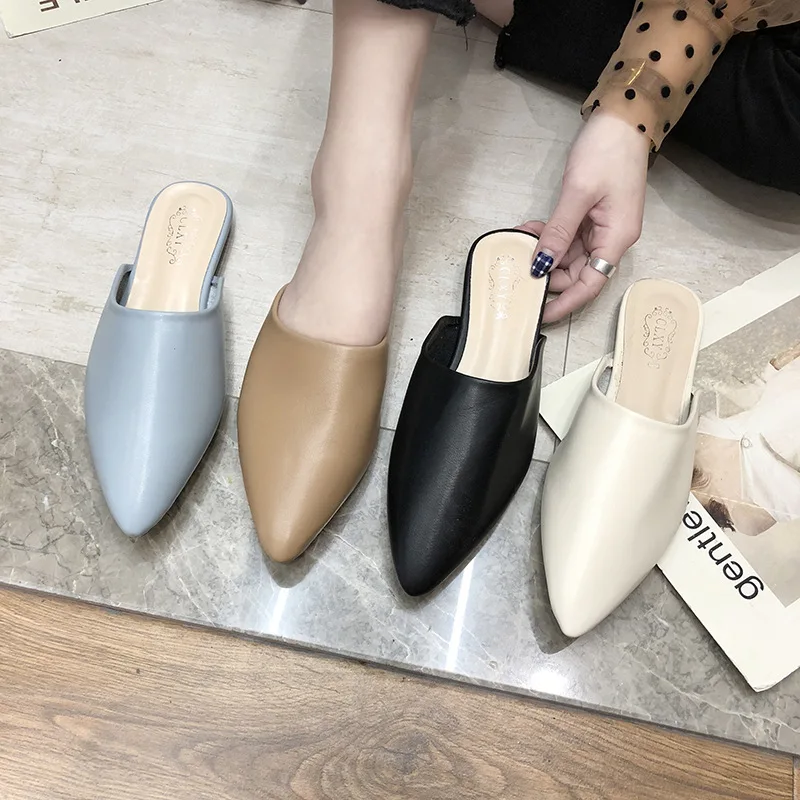 Pointed Toe Flat Slippers spring summer outdoorshoes woman mules slippers Baotou flat heel sets semi slippers Mueller shoes