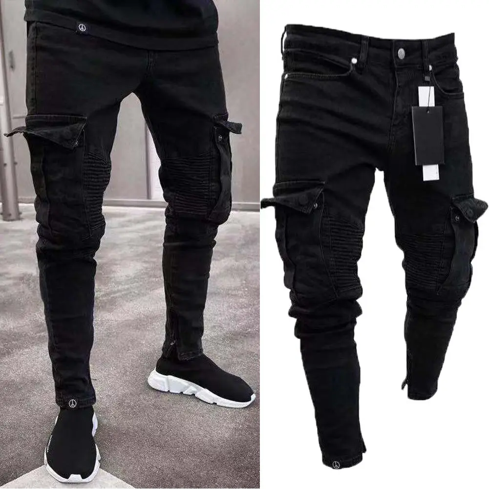 

Men Biker Ripped Long Denim Trousers Skinny stretch Jeans Multi Pocket Cargo Pants Destroyed Stretchy-Black pencil Pants