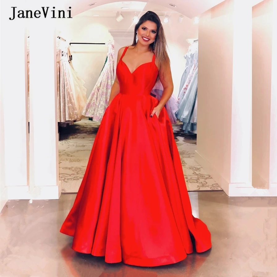 Janevini Elegante Rode Lange Prom Dresses 2020 V-hals A Line Backless Floor Lengte Formele Party Satijnen Jurk Plus Size avond Jurken