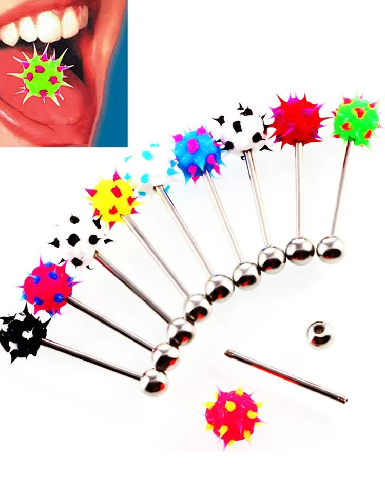HONGTU 5Pcs Zunge Ringe Gemischte Farbe Silikon Ball Zunge Piercing Barbell Für Frauen Edelstahl Körper Piercing Schmuck 14G – Detail 5