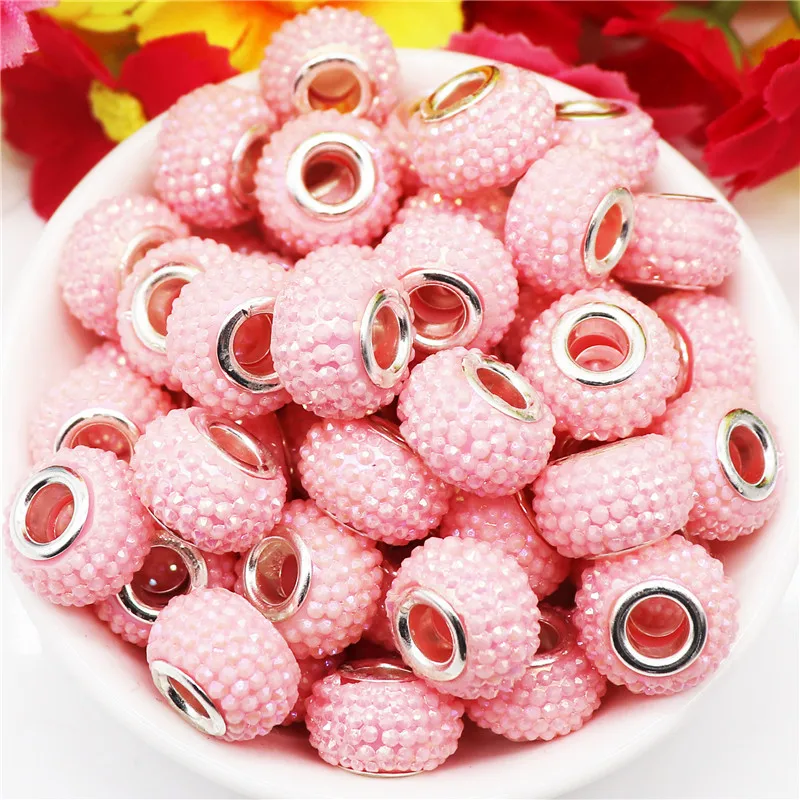 10Pcs Matte Color Rondelle Resin Acrylic Beads Large Hole Silver Plated For DIY Pandora Bracelets Bangle Jewelry Making 15x10mm