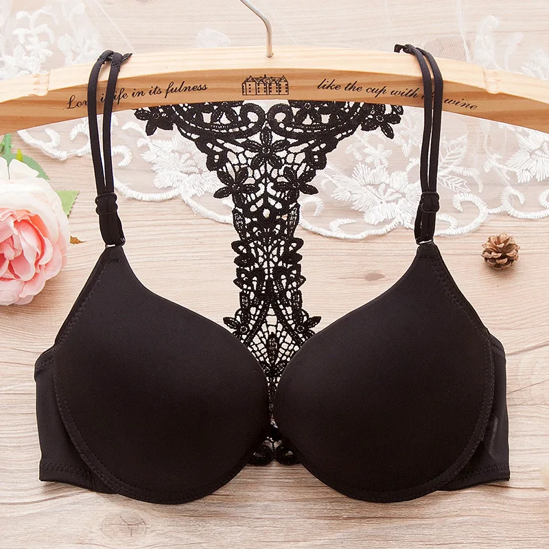 Soutien-gorge rembourré pour femmes, design super push-up, petite poitrine, sexy, dentelle, biscuits, fermeture frontale, canadiste, rose, bralette