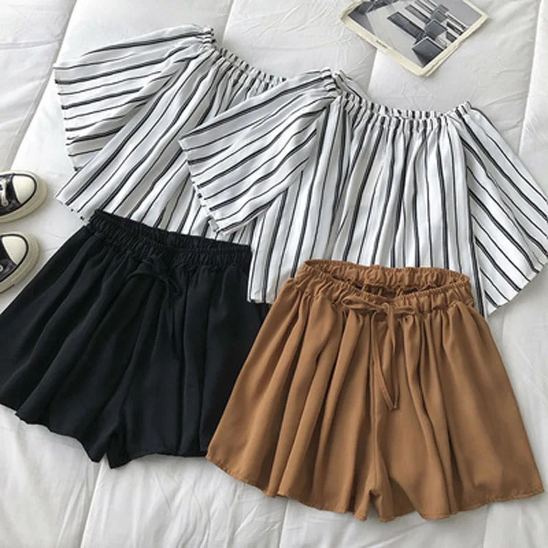 2021 Summer New ChiffonTwo Piece Set For Women Short Sleeve striped Blouse + Stretch Waist Wide Leg Shorts pants Female Suit