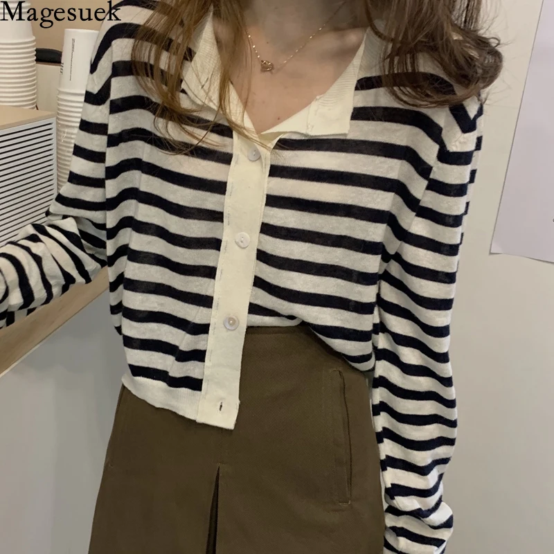 

Loose Thin O Neck Short Coat Spring New Korean Knitted Wild Blouse Women College Style Striped Cardigan Thin Tops Female 12896