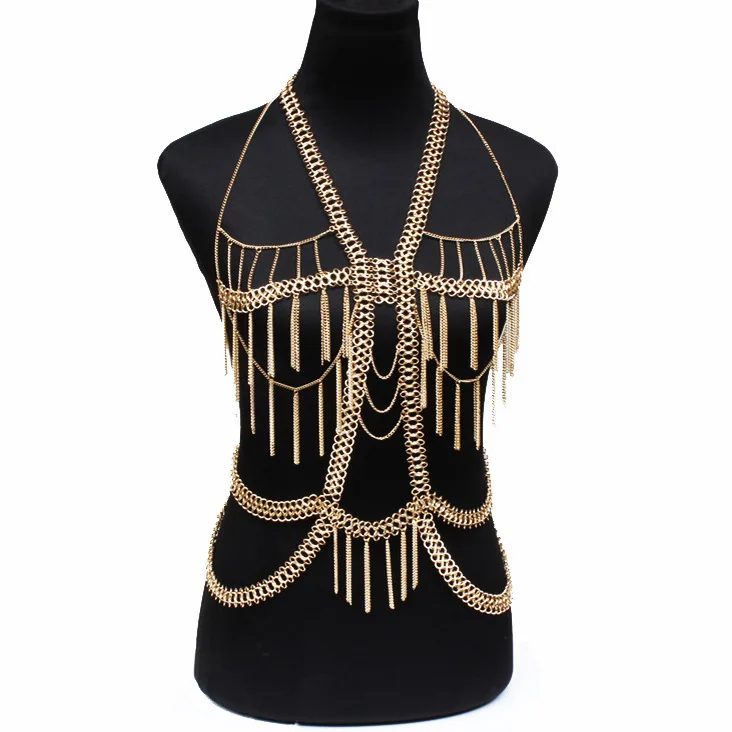 Bühne zeigen party mädchen körper ketten kostüm frauen Körper halskette mode gold multilayer quaste bikini halskette halskette schmuck