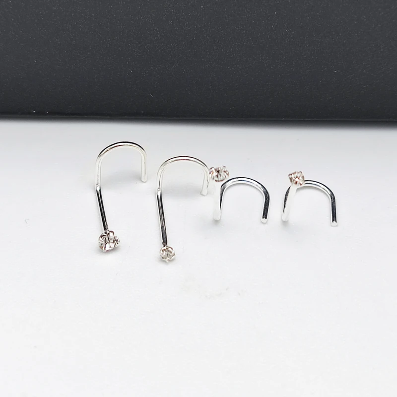 Wholesale 925 Sterling silver 2 mm r 1.5mm round clear crystal nose ring fashion fish tail nose screw 50pcs/lot