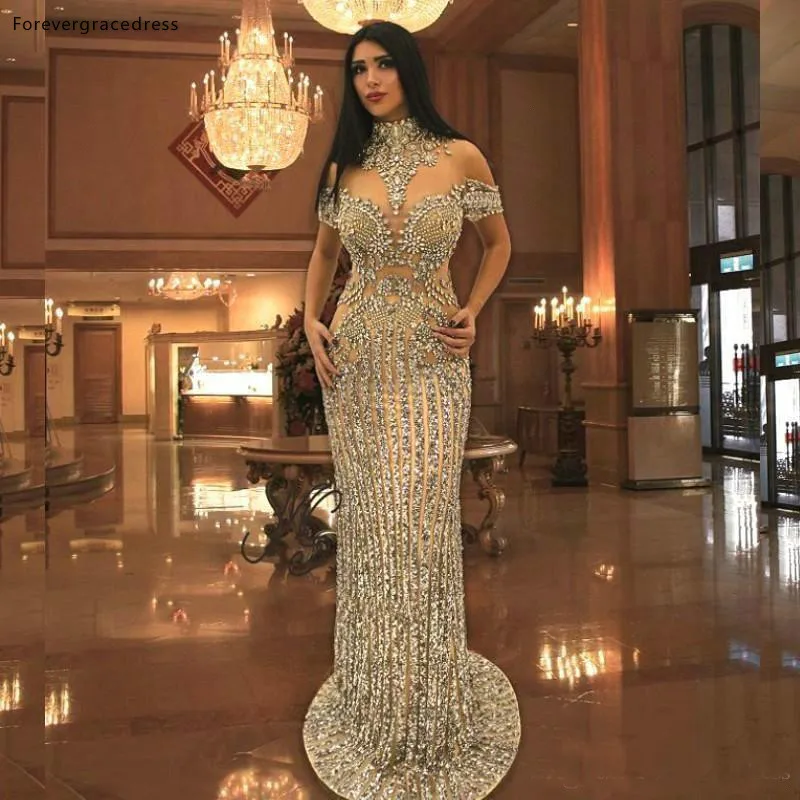 Luxury Rhinestone Crystals Prom Dresses Mermaid High Neck With Short Sleeves Party Gowns Women Wear Plus Size Available