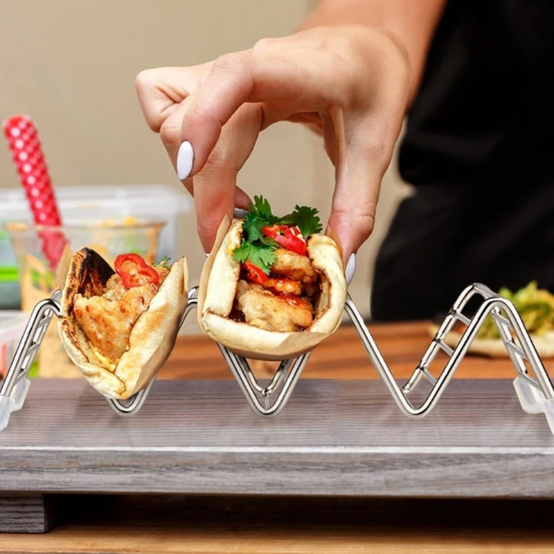 Soportes para tacos de acero inoxidable con forma de onda, estante para comida mexicana, soporte para perritos calientes, soporte para exhibición, tazón para condimentos, 5 tamaños