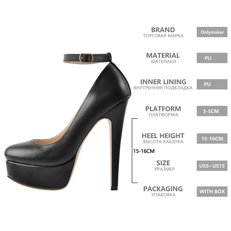 Onlymaker Women Platform Mary Jane Pumps Ankle Strap Stiletto High Heels Dress Buckle Shoes Large Size Fashion Party Thin Heels