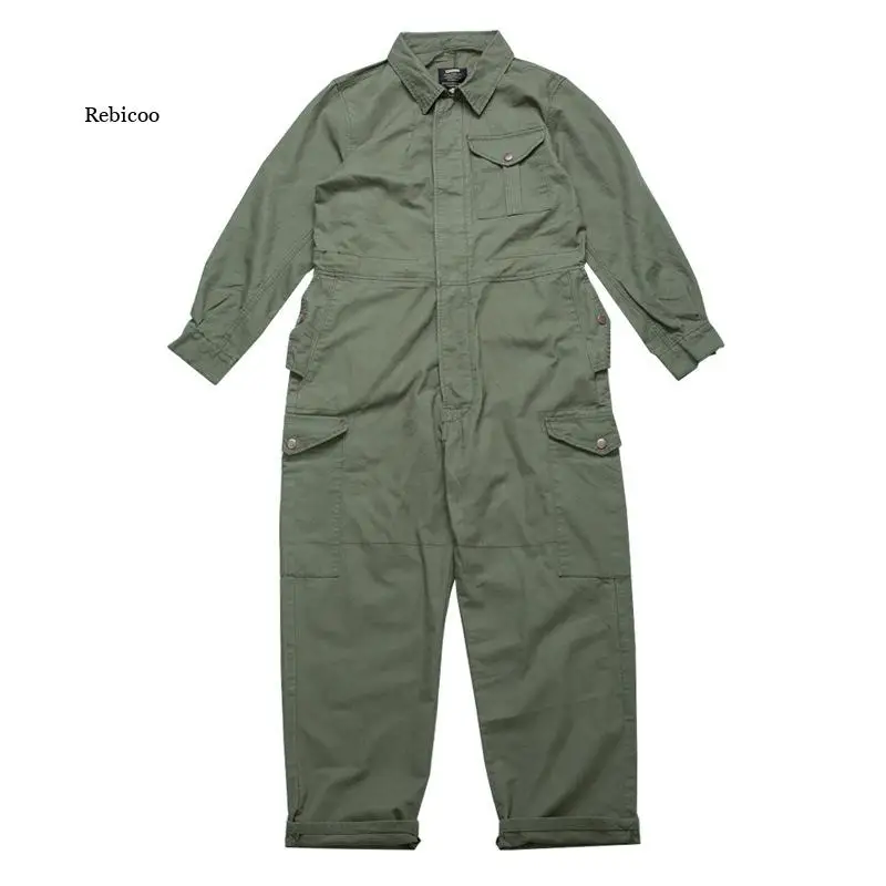 

Men's Wear Jumpsuit Multi-Pockets Workwear Black Green Single Breasted Loose Long Sleeve Turn Down Collar Trousers Autumn New