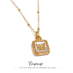 Yhpup Butterfly Shell Pendant Collar Stainless Steel Golden Square Trendy Fashion Necklace for Women Stylish Jewelry Gift