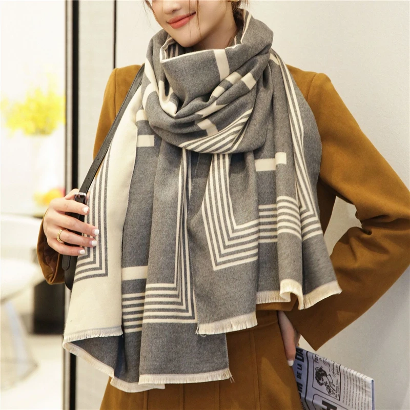 

2021 Striped Pashmina Cashmere Scarf Women Luxury Brand Shawls and Wraps Bufanda Hijab Travel Stoles Echarpe Warm Blanket