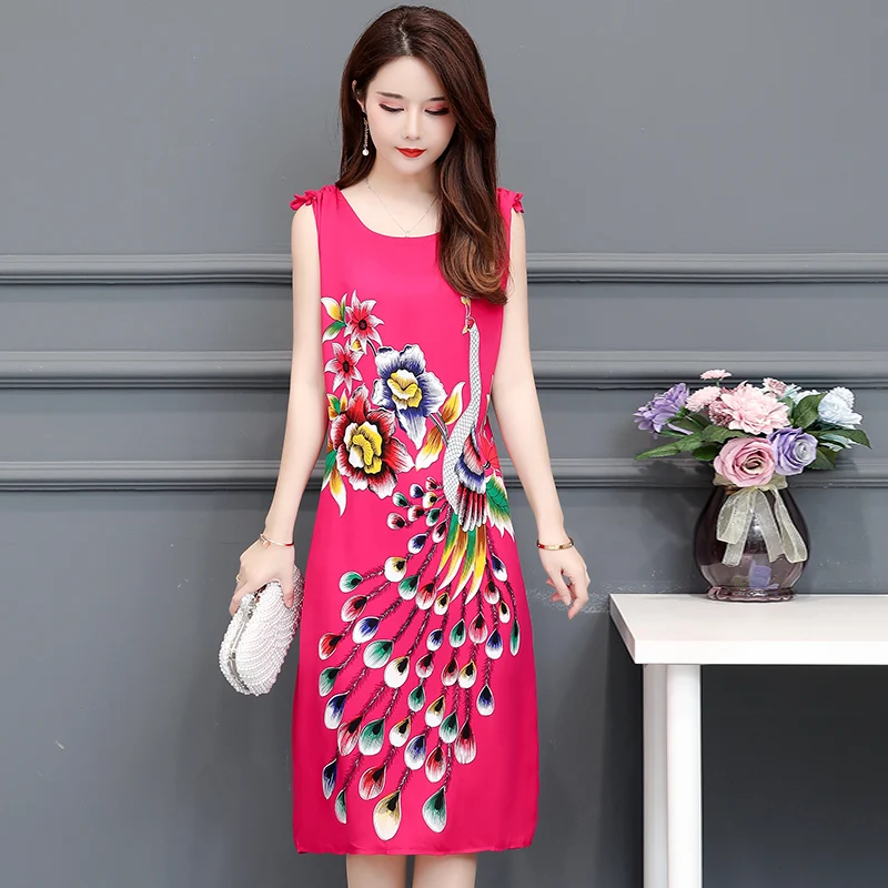 

2020 Women Summer Printed Cotton Silk Dress New Large Size Sleeveless Vest Dress Comfortable Female Nightdress Home Service J413