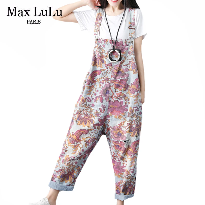 Max LuLu Summer British Designer Female Printed Vintage Overalls Womens Floral Loose Denim Pantalons Female Oversized Trousers