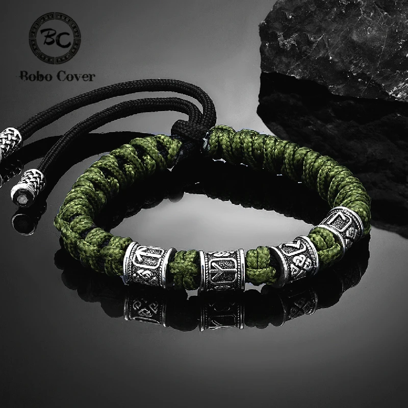 Norse Runes Beads Bracelet Men Vikings Accessories Braided Survival Paracord Rope Wristband Handmade Outdoor Amulet Bangle homme