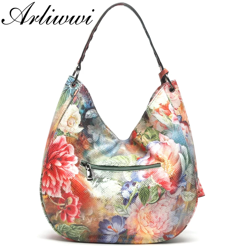 Arliwwi Brand Designer High Quality Women Fashion Synthetic Leather Hobos Handbags Female Flower Embossed Large Bags New PY02-1