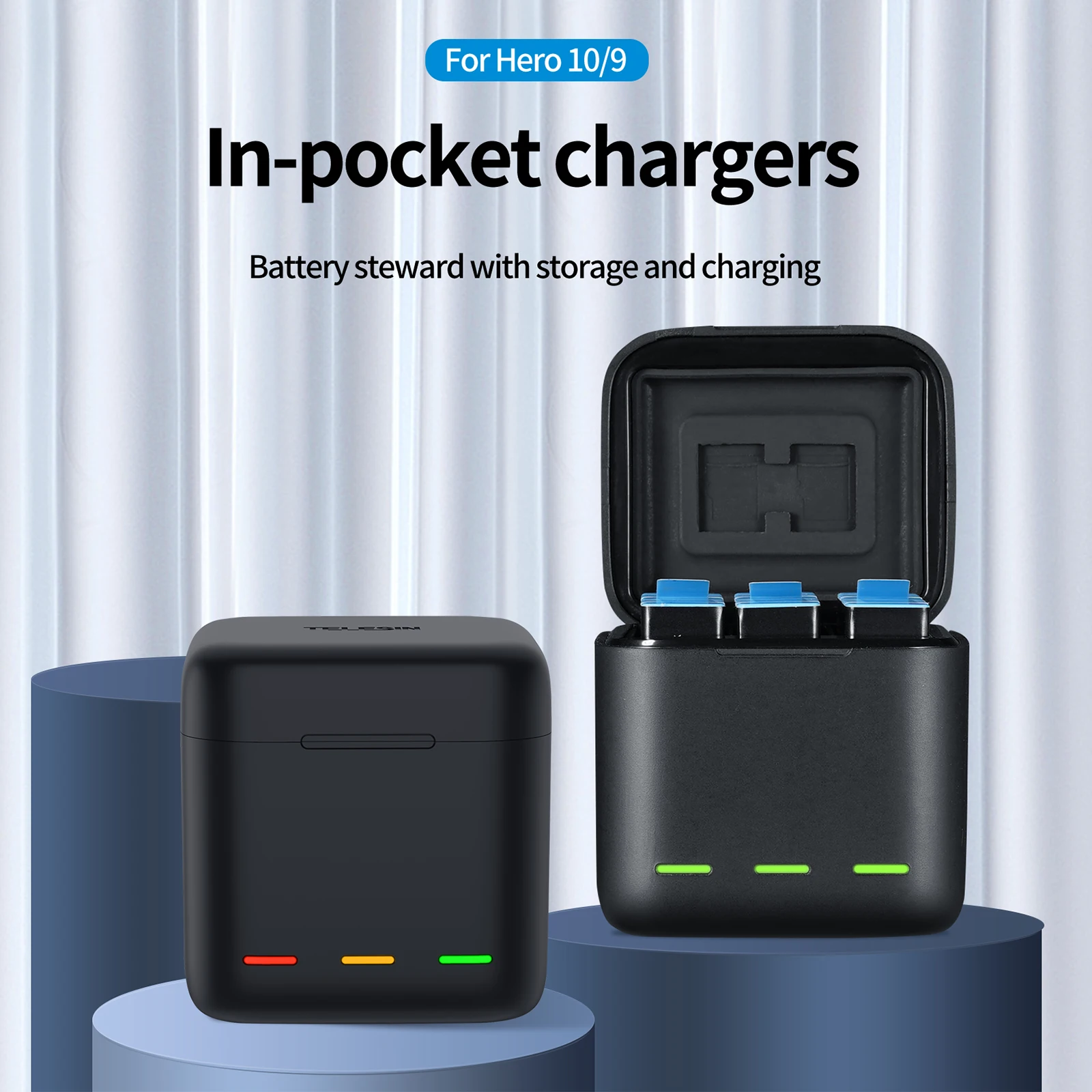 TELESIN Für GoPro 9 10 LED Licht Ladegerät Lagerung Lade Box / 1800mAh Batterie Für GoPro Hero 10 Hero 9 schwarz Kamera Zubehör