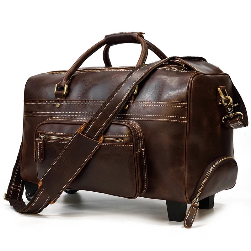 Newsbirds Genuine leather hand laugage travel bag with wheels men women travel bag rolling duffle bags with rollers handbags