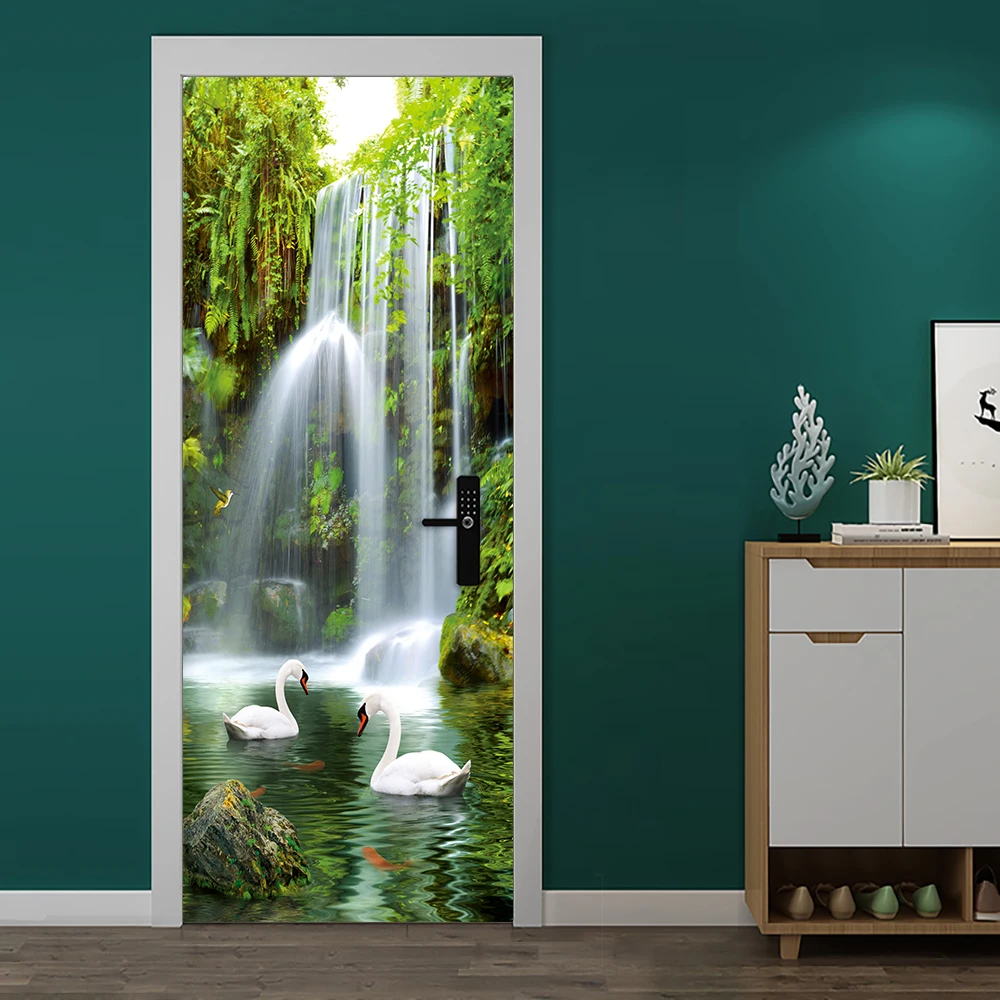 Love Swan Lake Waterfall DIY Door Sticker Home Decoration Wall Stickers Kitchen Art Mural Peel & Stick Waterpoof Vinly Wallpaper