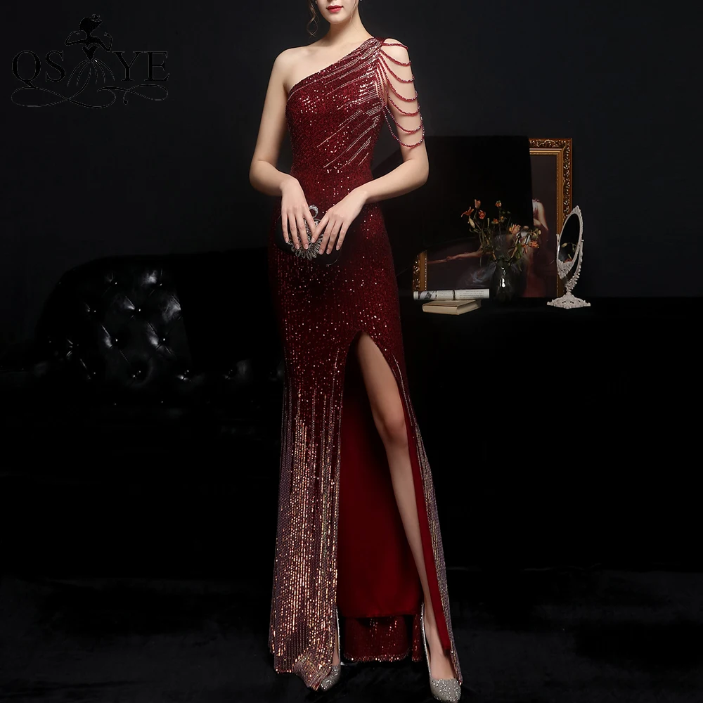 

Crystal One Shoulder Prom Dress Sequin Mermaid Burgundy Evening Gown Sexy Split Beading Straps Fade Sequin RedFormal Party Gown