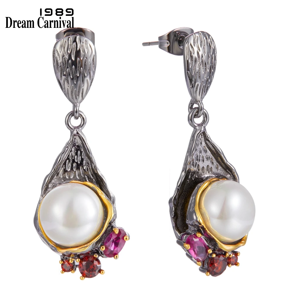 Dreamcarnival1989 Elegant Pearl Drop Earrings for Women Dating Must Have Fuchsia Dazzling Zircon Love Anniversary Jewelry WE3986