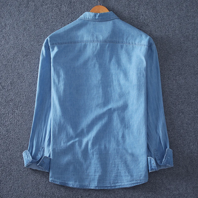 Men\'s denim long-sleeved shirt. 100% cotton summer fashion solid color breathable and comfortable lapel (oversized plus size)