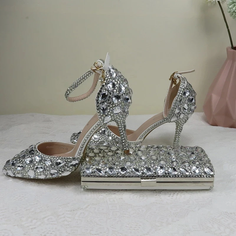 New Luxury Silver Crystal Sandals Bridal Wedding High Heels Women's Party Dress And Bag Set Pointed Toe Thin Heels Rhinestone