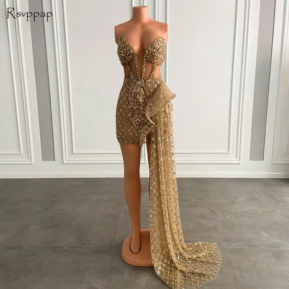 Sparkly Sweetheart Sleeveless Gold Lovertjes Afrikaanse Zwarte Meisjes Korte Prom Dresses 2023 Side Trein Voor Verjaardag