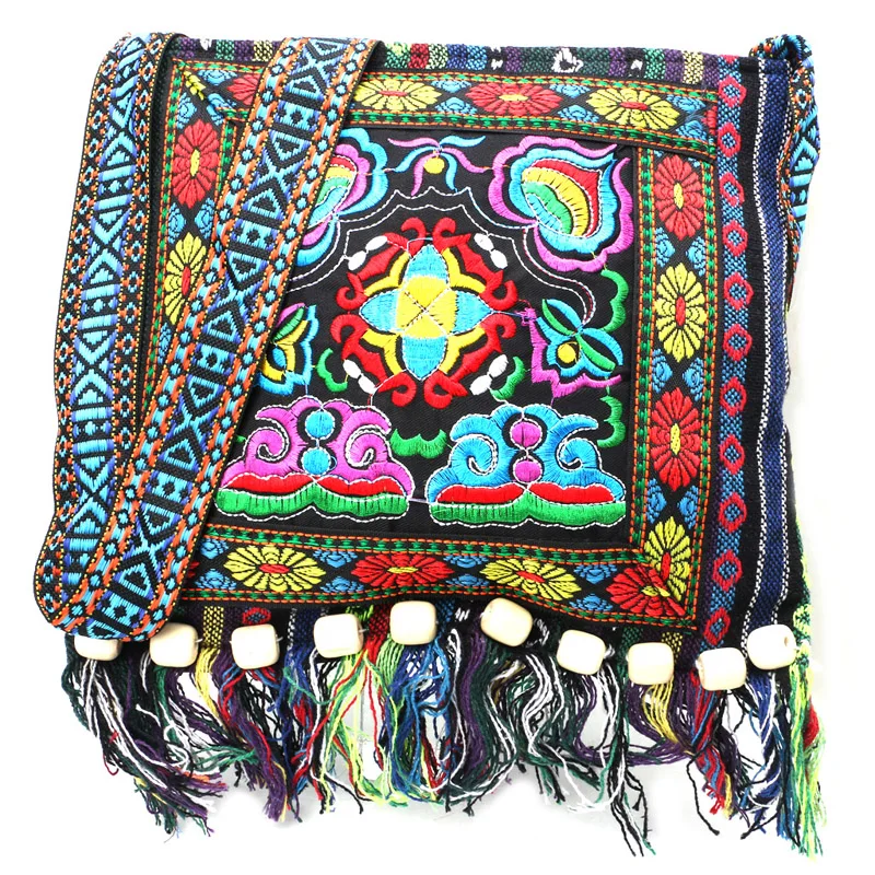 Bolsa chinesa hmong tailandesa com borlas, bolsa estilo boho hippie bordada