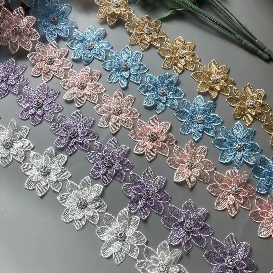 

10X Pearl Cotton Beaded Polyester Flower Lace Trim Ribbon French Fabric Handmade Embroidered Knitting Patches Sewing Craft 7cm