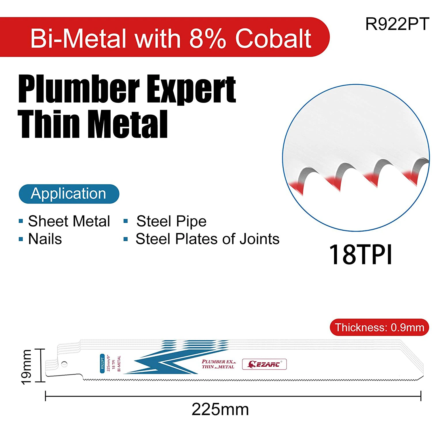 EZARC 5Pcs lama per sega alternativa lame per sega a sciabola in cobalto bimetallico per taglio di metalli medio-sottili 6 "e 9" R622PT / R922PT 18TPI