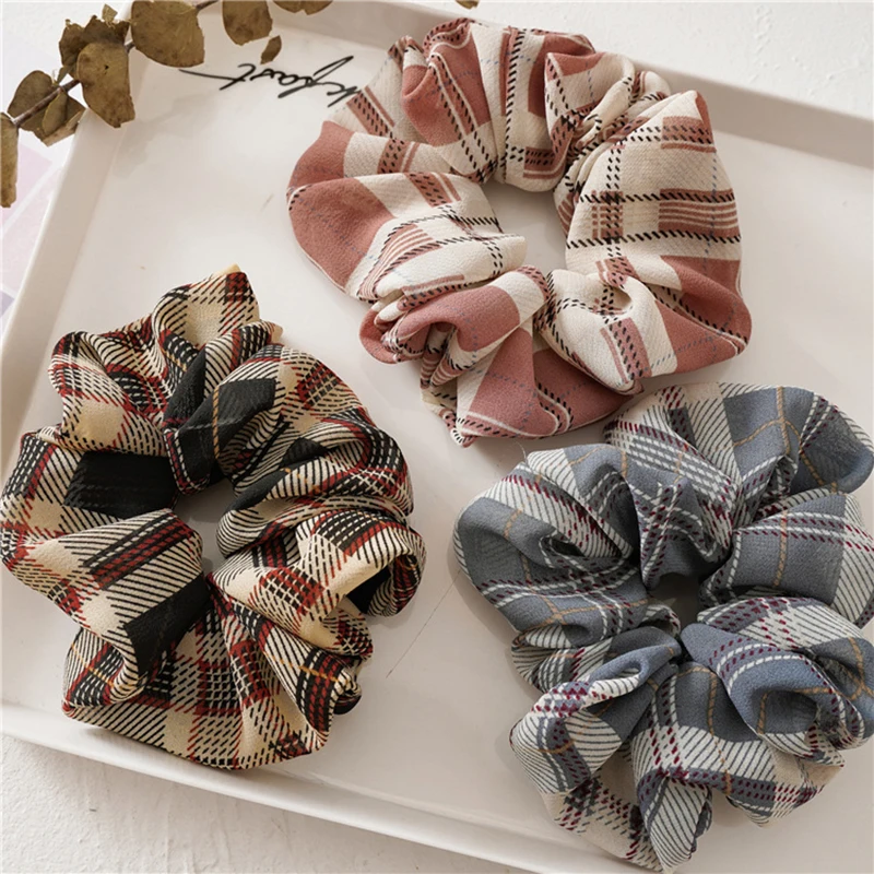 1PC Vintage Check Print Scrunchies Plaid Ponytail Holder Women Elastic Hair Bands Girls Hair Ties Rope Striped Hair Accessories