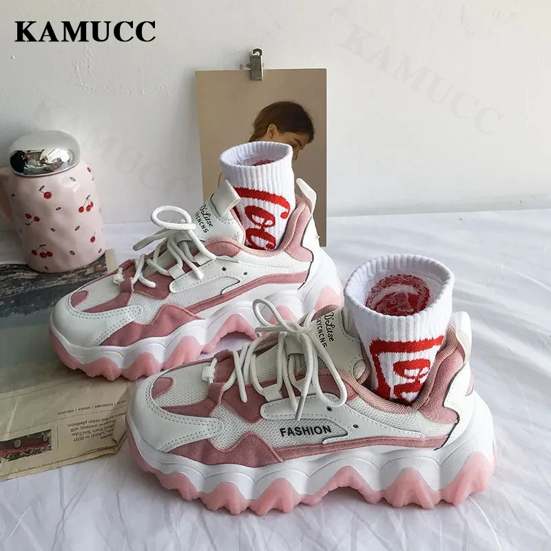 KAMUCC Women Shoes New Chunky Sneakers For Women Lace-Up White Vulcanize Shoes Casual Fashion Dad Shoes Platform Sneakers