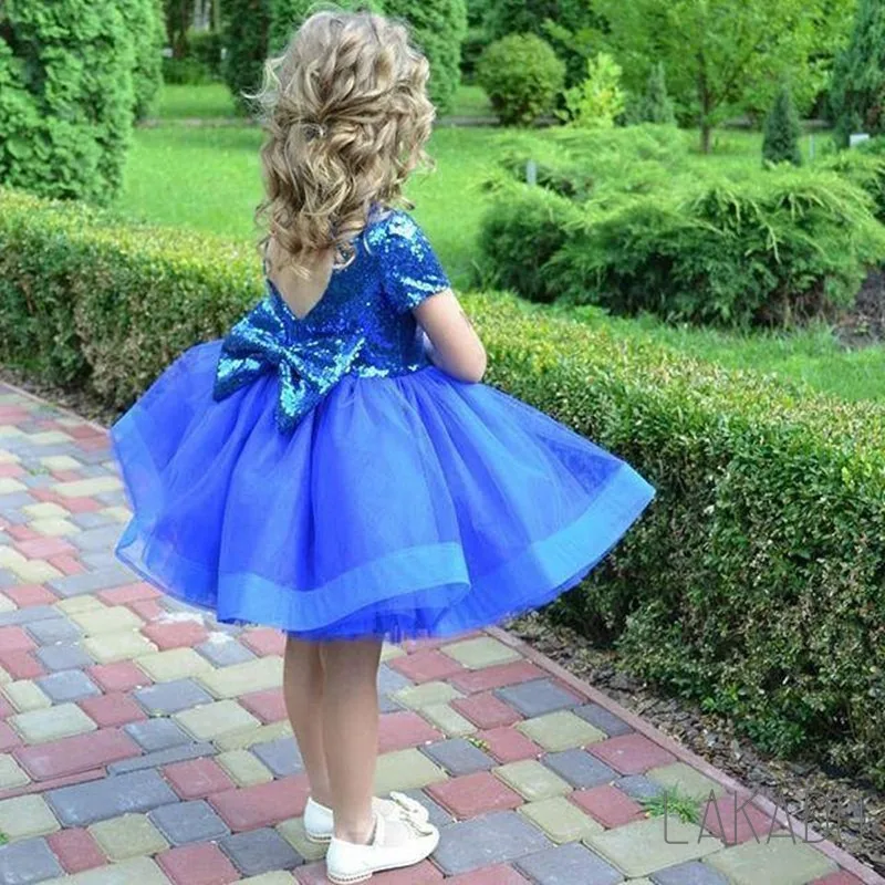 Lovely Royal Blue Sequined Tulle Toddler Short Sleeve Birthday Flower Girl Dresses With Bow First Communion Dresses